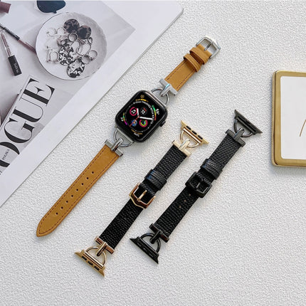 D-shaped Steel + Genuine Leather Strap For Apple Watch Series, 7 41mm / 6&SE&5&4 40mm / 3&2&1 38mm, 7 45mm / 6&SE&5&4 44mm / 3&2&1 42mm