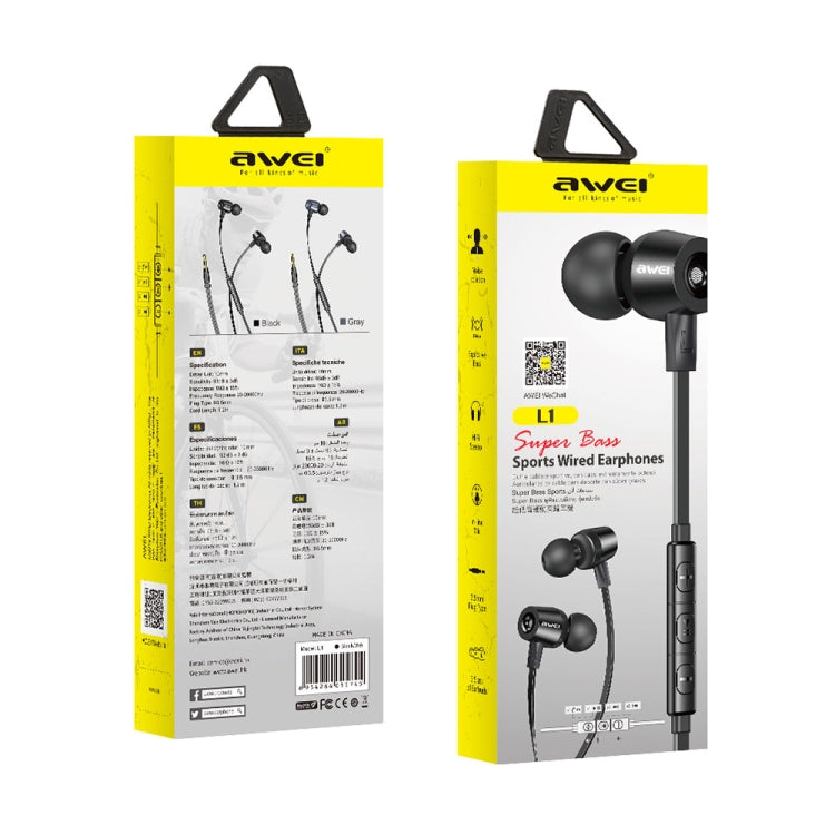 awei L1 Stereo Surround In-ear Wired Earphone, L1(Black), L1(Grey)