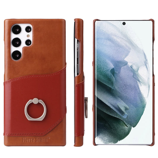 Fierre Shann Oil Wax Texture Genuine Leather Back Phone Case with 360 Degree Rotation Holder & Card Slot, For Samsung Galaxy S22 Ultra 5G, For Samsung Galaxy S22+ 5G, For Samsung Galaxy S22 5G