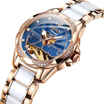 JIN SHI DUN 8831 Women Fashion Diamond Hollowed Waterproof Ceramic Mechanical Watch