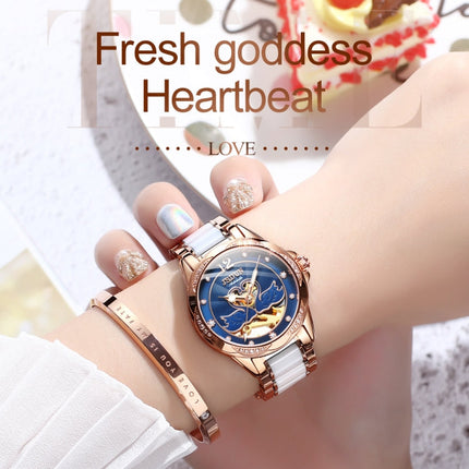 JIN SHI DUN 8831 Women Fashion Diamond Hollowed Waterproof Ceramic Mechanical Watch