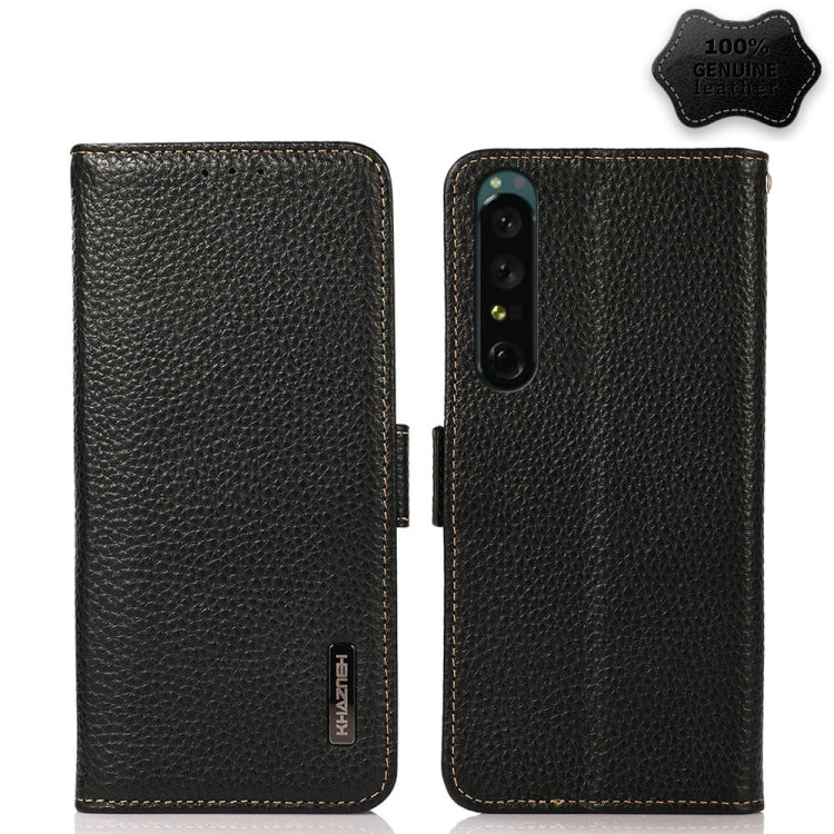 KHAZNEH Side-Magnetic Litchi Genuine Leather RFID Phone Case, For Sony Xperia 1 IV