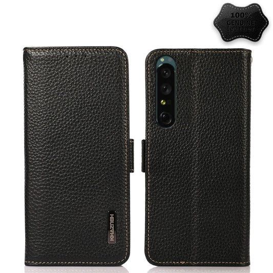 KHAZNEH Side-Magnetic Litchi Genuine Leather RFID Phone Case, For Sony Xperia 1 IV