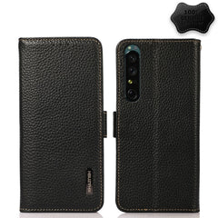KHAZNEH Side-Magnetic Litchi Genuine Leather RFID Phone Case, For Sony Xperia 1 IV