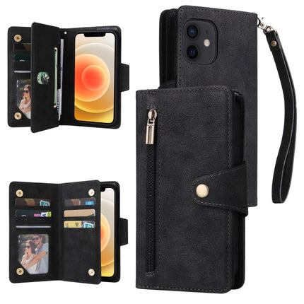Rivet Buckle 9 Cards Three Fold Leather Phone Case, For iPhone 12, For iPhone 12 mini, For iPhone 12 Pro Max, For iPhone 13 mini