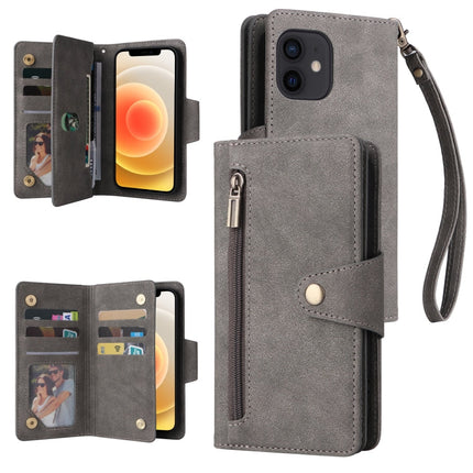 Rivet Buckle 9 Cards Three Fold Leather Phone Case, For iPhone 12, For iPhone 12 mini, For iPhone 12 Pro Max, For iPhone 13 mini