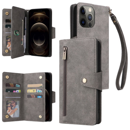Rivet Buckle 9 Cards Three Fold Leather Phone Case, For iPhone 12, For iPhone 12 mini, For iPhone 12 Pro Max, For iPhone 13 mini