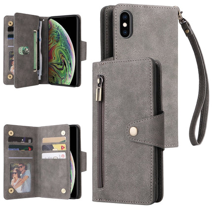 Rivet Buckle 9 Cards Three Fold Leather Phone Case, For iPhone X/XS, For iPhone XR, For iPhone XS Max, For iPhone 11 Pro Max