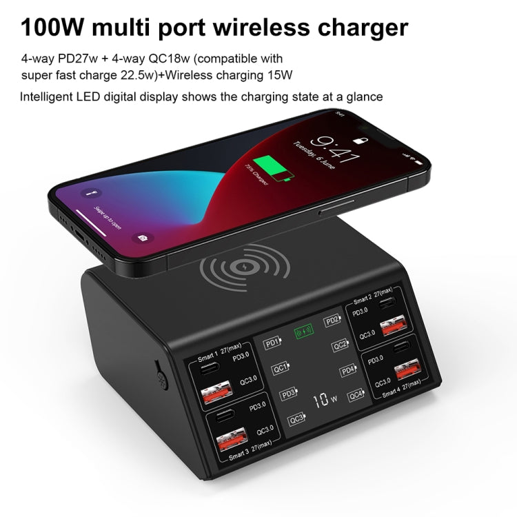 838w 9 in 1 100W 4 PD 3.0 USB-C / Type-C + 4 QC 3.0 USB Ports Smart Digital Display Wireless Charger,, EU Plug, US Plug, UK Plug, AU Plug