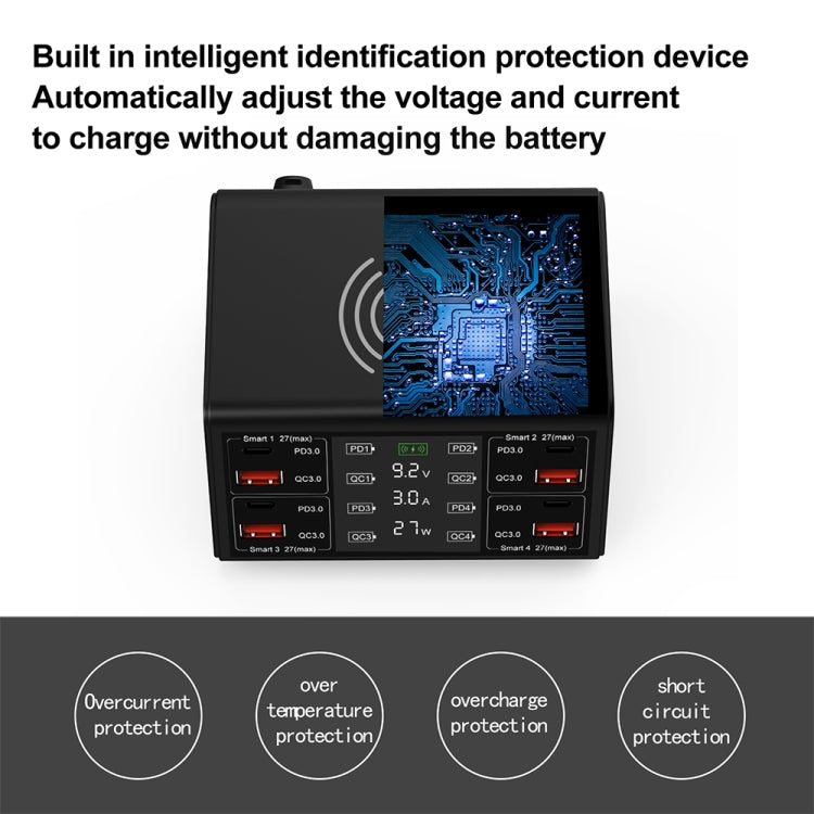 838w 9 in 1 100W 4 PD 3.0 USB-C / Type-C + 4 QC 3.0 USB Ports Smart Digital Display Wireless Charger,, EU Plug, US Plug, UK Plug, AU Plug