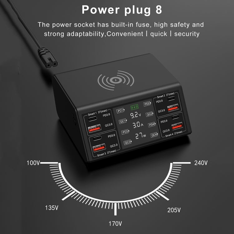 838w 9 in 1 100W 4 PD 3.0 USB-C / Type-C + 4 QC 3.0 USB Ports Smart Digital Display Wireless Charger,, EU Plug, US Plug, UK Plug, AU Plug