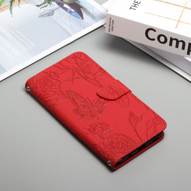 Skin Feel Butterfly Peony Embossed Leather Phone Case, For iPhone 14, For iPhone 14 Plus, For iPhone 14 Pro, For iPhone 14 Pro Max