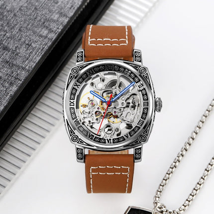 SKMEI 9271 Stainless Steel Buckle Leather Strap Waterproof Mechanical Watch