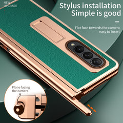 Litchi Texture Leather Hinged Electroplated Phone Case with Pen, For Samsung Galaxy Z Fold4