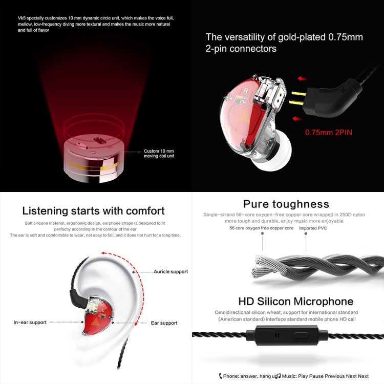 QKZ VK5 In-ear Dynamic Subwoofer Wire-controlled HiFi Sports Earphone with Mic