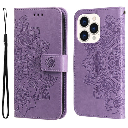 7-petal Flowers Embossing Leather Case, For iPhone 14, For iPhone 14 Plus, For iPhone 14 Pro, For iPhone 14 Pro Max