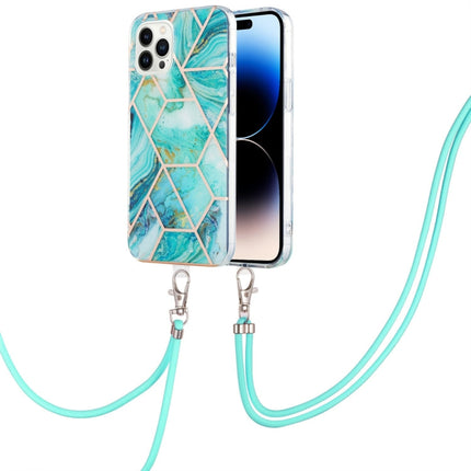 Electroplating Splicing Marble Pattern Dual-side IMD TPU Shockproof Case with Neck Lanyard, For iPhone 14, For iPhone 14 Plus, For iPhone 14 Pro, For iPhone 14 Pro Max