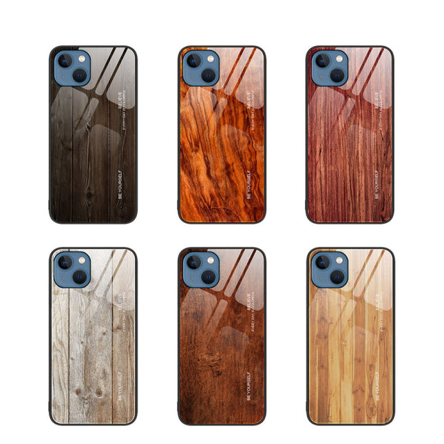 Wood Grain Glass Protective Case, For iPhone 14