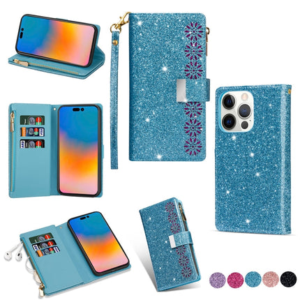 Multi-card Slots Laser Carving Glitter Zipper Leather Case, For iPhone 14, For iPhone 14 Max, For iPhone 14 Pro, For iPhone 14 Pro Max