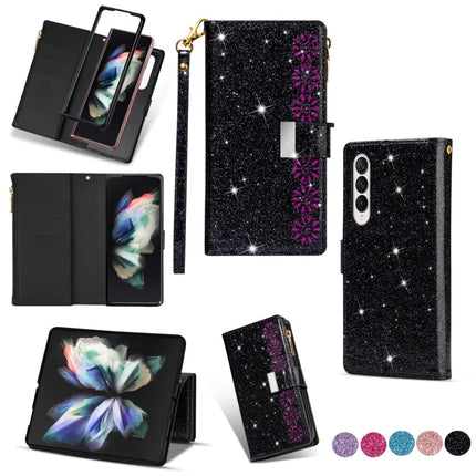 Multi-card Slots Laser Carving Glitter Zipper Leather Case, For Samsung Galaxy Z Fold 4