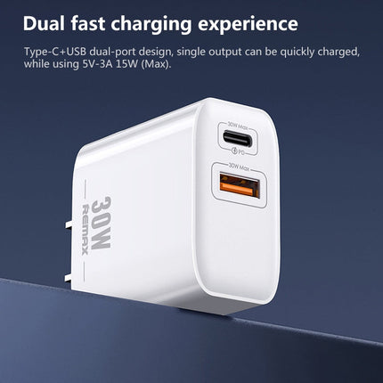 REMAX RP-U82 30W USB+USB-C/Type-C Dual Interface Fast Charger, CN Plug, UK Plug, US Plug