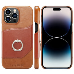 Fierre Shann Oil Wax Texture Genuine Leather Back Case with Rotation Holder & Card Slot, For iPhone 14, For iPhone 14 Plus, For iPhone 14 Pro, For iPhone 14 Pro Max