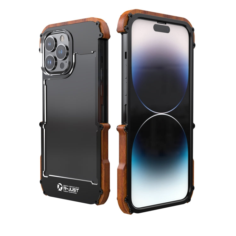 R-JUST Ironwood Generation Metal + Wood Phone Case, For iPhone 14, For iPhone 14 Plus, For iPhone 14 Pro, For iPhone 14 Pro Max