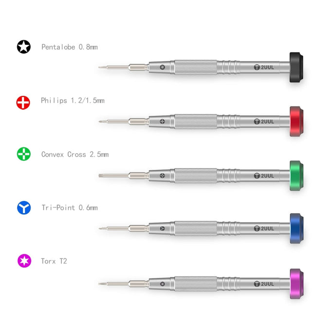 2UUL Colorful Flyshaft Screwdriver, Pentalobe 0.8mm, Corss 1.2/1.5, Convex Cross 2.5mm, Tri-point 0.6mm, Torx T2