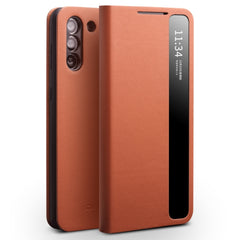 QIALINO Genuine Leather Side Window View Smart Phone Case, For Samsung Galaxy Note20 Ultra, For Samsung Galaxy S21 5G, For Samsung Galaxy S21+ 5G