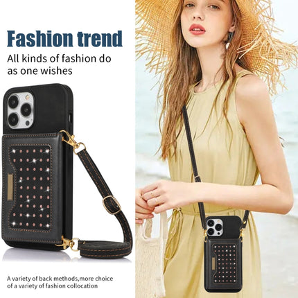 Three-fold RFID Leather Phone Case with Lanyard, For iPhone 13 Pro Max, For iPhone 14, For iPhone 14 Plus, For iPhone 14 Pro