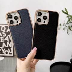 Nano Electroplating Cross Texture Genuine Leather Phone Case, For iPhone 14 Pro Max, For iPhone 14 Pro, For iPhone 14, For iPhone 14 Plus, For iPhone 13 Pro Max, For iPhone 13 Pro