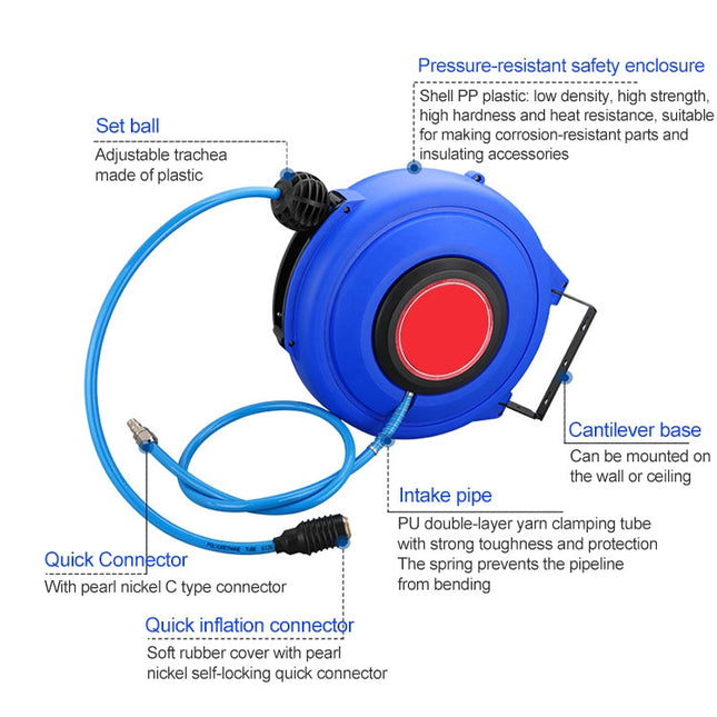LAIZE Automatic Retractable Air Hose Reel Pneumatic PU Tube, 8x5mm, 10m, 8x5mm, 12m, 8x5mm, 15m, 8x5mm, 20m, 10x6.5mm, 10m, 10x6.5mm, 12m, 10x6.5mm, 15m, 10x6.5mm, 20m, 12x8mm, 10m, 12x8mm, 12m, 12x8mm, 15m