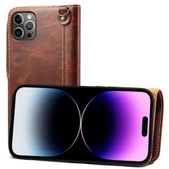 Denior Oil Wax Cowhide Magnetic Button Genuine Leather Case, For iPhone 14 Pro Max, For iPhone 14 Pro, For iPhone 14, For iPhone 14 Plus, For iPhone 13 Pro Max, For iPhone 13 Pro, For iPhone 13, For iPhone 13 mini