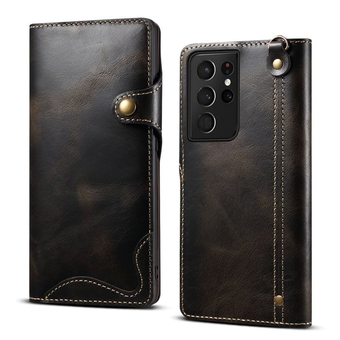 Denior Oil Wax Cowhide Magnetic Button Genuine Leather Case, For Samsung Galaxy S21 Ultra 5G, For Samsung Galaxy S22 5G, For Samsung Galaxy S22+ 5G, For Samsung Galaxy S22 Ultra 5G