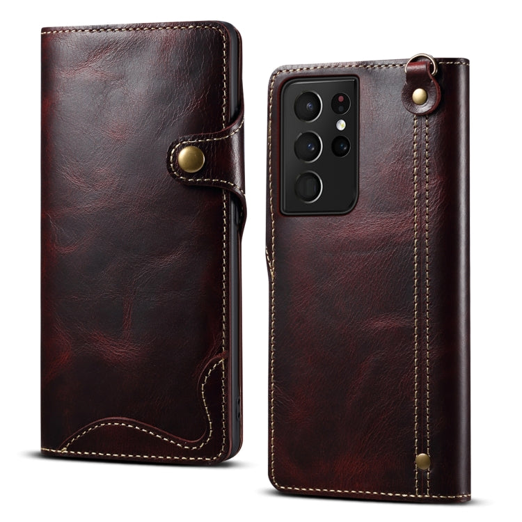 Denior Oil Wax Cowhide Magnetic Button Genuine Leather Case, For Samsung Galaxy S21 5G, For Samsung Galaxy S21+ 5G, For Samsung Galaxy S21 Ultra 5G, For Samsung Galaxy S22 5G, For Samsung Galaxy S22+ 5G, For Samsung Galaxy S22 Ultra 5G