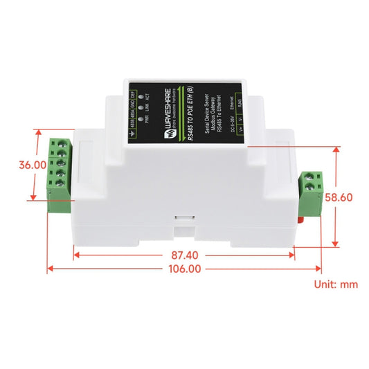 Waveshare Din Rail RS485 to RJ45 Serial Server with POE Function