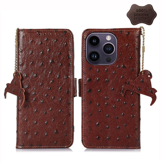 Ostrich Pattern Genuine Leather RFID Phone Case, For iPhone 14 Pro, For iPhone 14 Pro Max