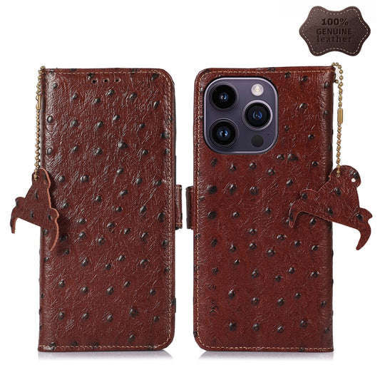 Ostrich Pattern Genuine Leather RFID Phone Case, For iPhone 15 Pro Max, For iPhone 15 Pro, For iPhone 15 Plus, For iPhone 15, For iPhone 14 Plus, For iPhone 14