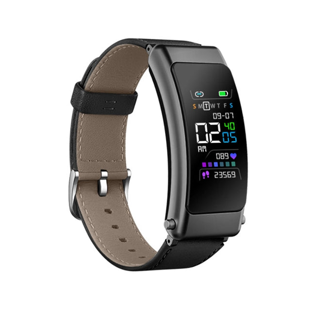 K50+ 0.96 inch Leather Band Earphone Detachable Life Waterproof Smart Watch Support Bluetooth Call, Leather Band (Black)