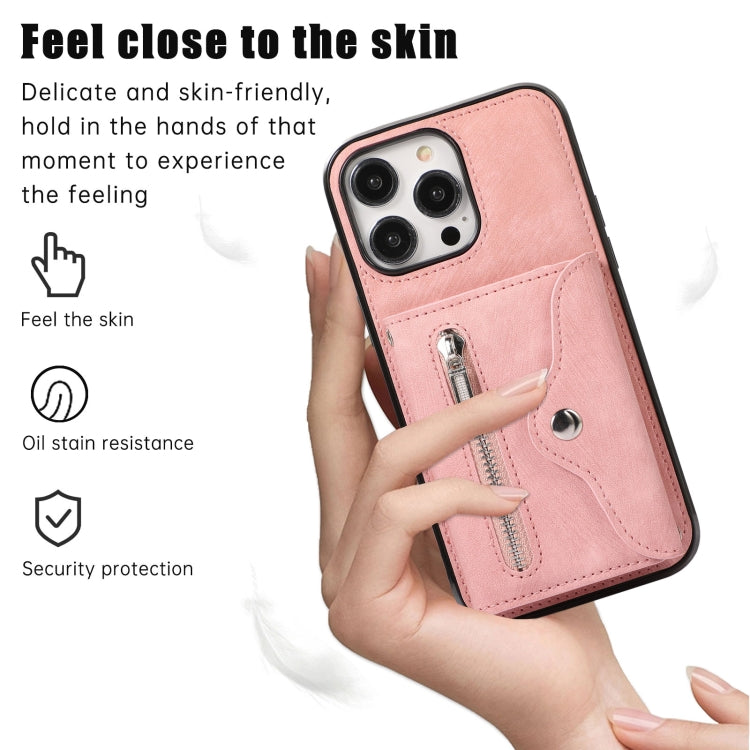 Zipper RFID Card Slot Phone Case with Short Lanyard, For iPhone 14, For iPhone 14 Plus, For iPhone 14 Pro, For iPhone 14 Pro Max, For iPhone 13 mini