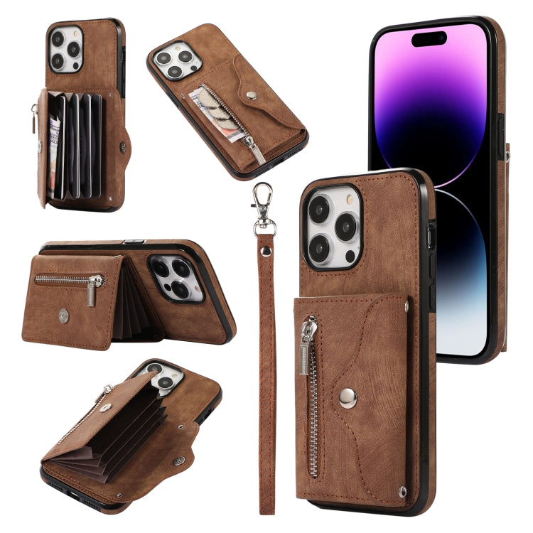 Zipper RFID Card Slot Phone Case with Short Lanyard, For iPhone 14, For iPhone 14 Plus, For iPhone 14 Pro, For iPhone 14 Pro Max, For iPhone 13 mini