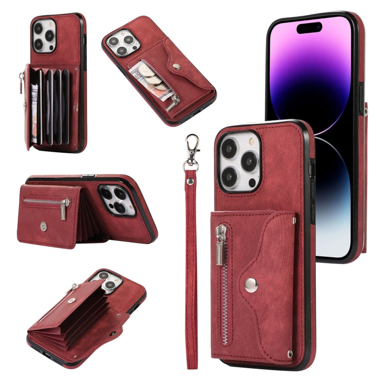 Zipper RFID Card Slot Phone Case with Short Lanyard, For iPhone 14, For iPhone 14 Plus, For iPhone 14 Pro, For iPhone 14 Pro Max, For iPhone 13 mini