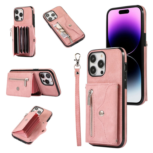 Zipper RFID Card Slot Phone Case with Short Lanyard, For iPhone 13, For iPhone 13 Pro, For iPhone 13 Pro Max, For iPhone 12 mini, For iPhone 12 / 12 Pro