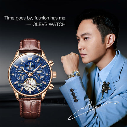 OLEVS 6658 Men Luminous Waterproof Leather Strap Mechanical Watch