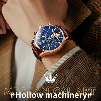 OLEVS 6658 Men Luminous Waterproof Leather Strap Mechanical Watch