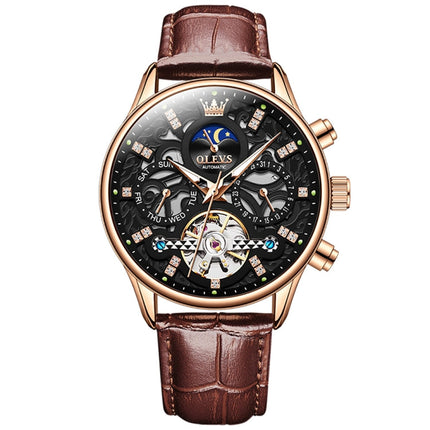 OLEVS 6658 Men Luminous Waterproof Leather Strap Mechanical Watch