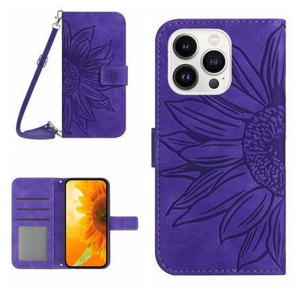 Skin Feel Sun Flower Embossed Flip Leather Phone Case with Lanyard, For iPhone 15 Pro, For iPhone 15 Plus