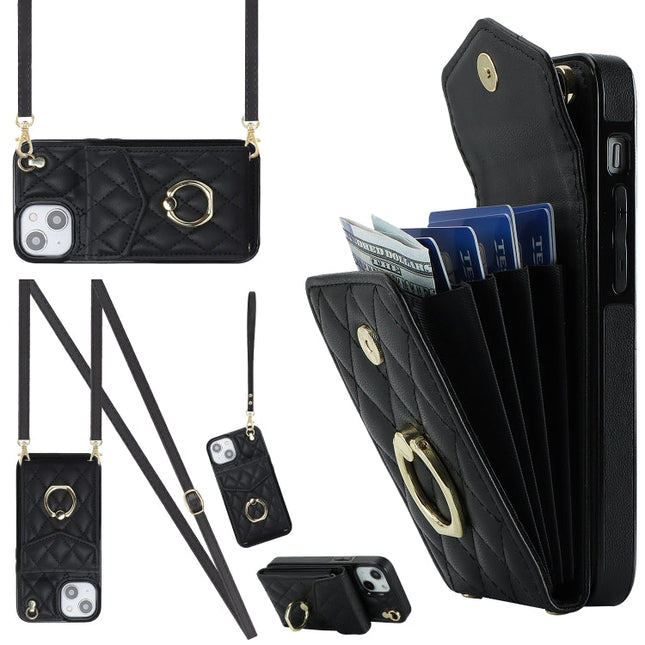 Rhombic Texture Card Bag Phone Case with Long Lanyard, For iPhone 14 Plus, For iPhone 14, For iPhone 14 Pro