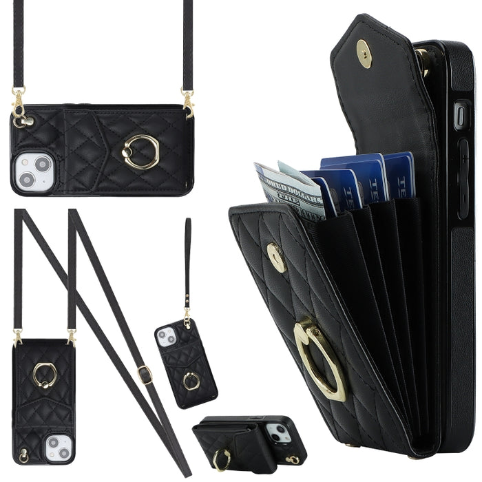 Rhombic Texture Card Bag Phone Case with Long Lanyard, For iPhone 14 Plus, For iPhone 14, For iPhone 14 Pro