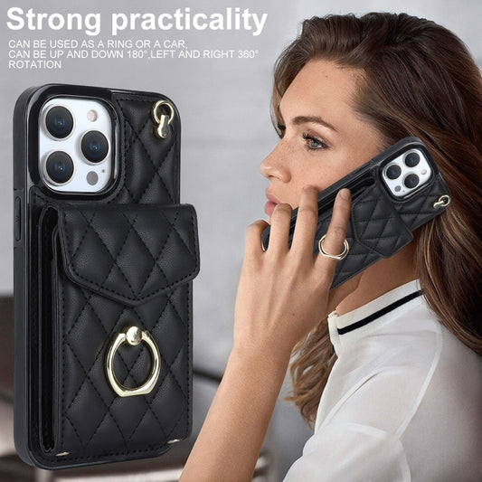 Rhombic Texture Card Bag Phone Case with Long Lanyard, For iPhone 14 Pro, For iPhone 15 Plus, For iPhone 14 Pro Max, For iPhone 15